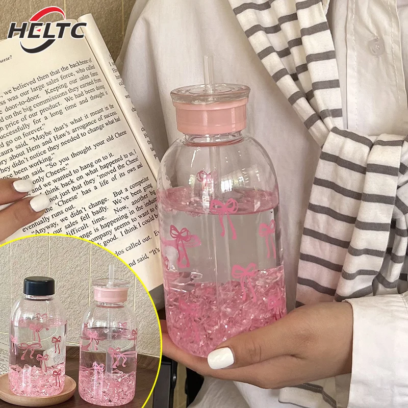

600 мл бутылка для воды, эстетический стакан для льда, кофе, сока, чая, милые пластиковые стаканчики с бантом и соломенной крышкой, портативная бутылка для питья