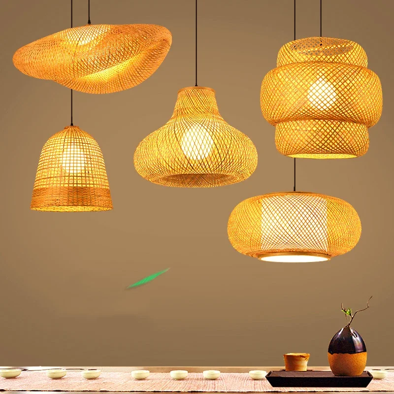 

Retro Handmade Rattan E27 E26 LED Chandelier Round Straw Hat Bamboo Lamp Pastoral Vintage Restaurant Pendant Light for Cafe Bar