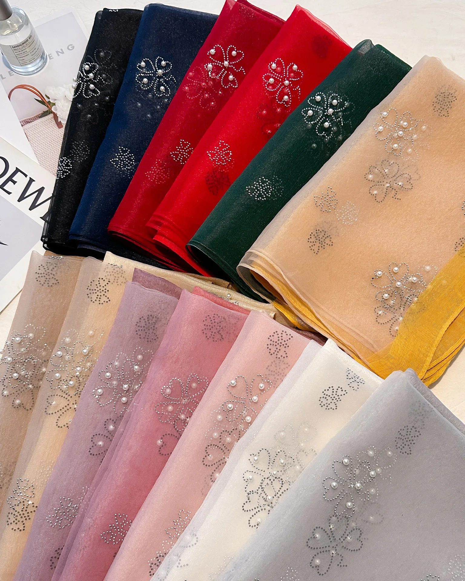 Perle Koreanische Blume Stickerei Schal Elegante Strass Dünne Seide Schal Rose Luxus Frauen Hijab Schals Dame – Detail 1