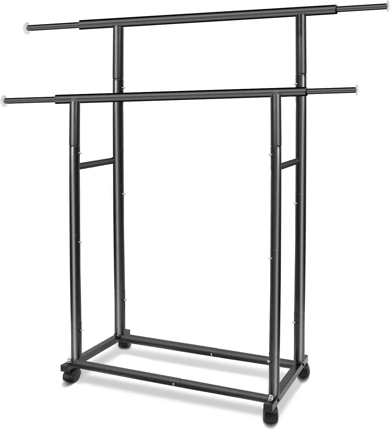 

Black Simple Standard 2 Double Rod Clothing Metal Garment Rack for Hanging Clothes, Rolling Clothes Organizer with Mobile Loc