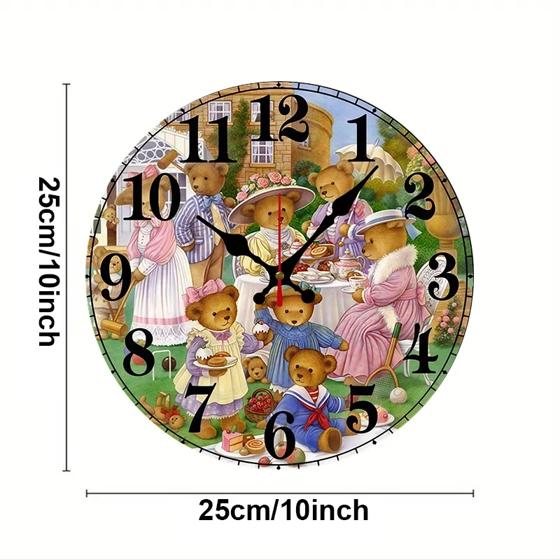 Teddy Bear Tea Wooden Round Silent Hanging Wall Clock, Suitable For Living Room, Office, Study Room, Bedroom, Home Decoration.