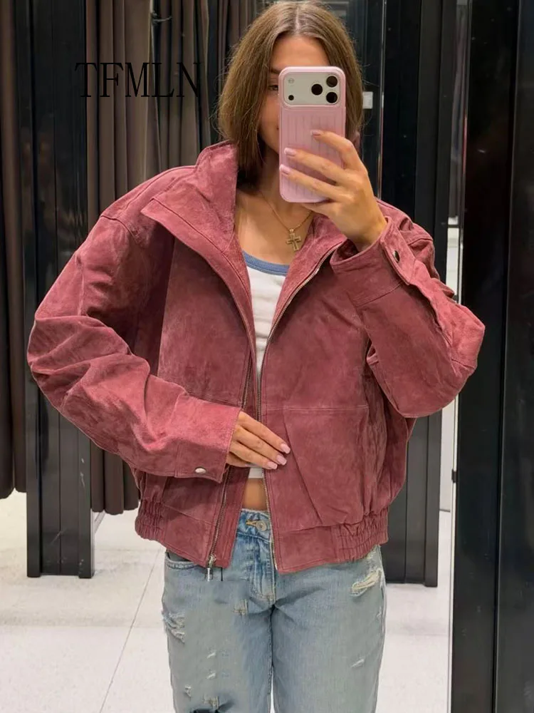 TFMLN Bomber Jackets For Women Overside Zipper Pockets Long Sleeve Coat Vintage Chic Causal Daily Outerwear 2026 Autumn Winter