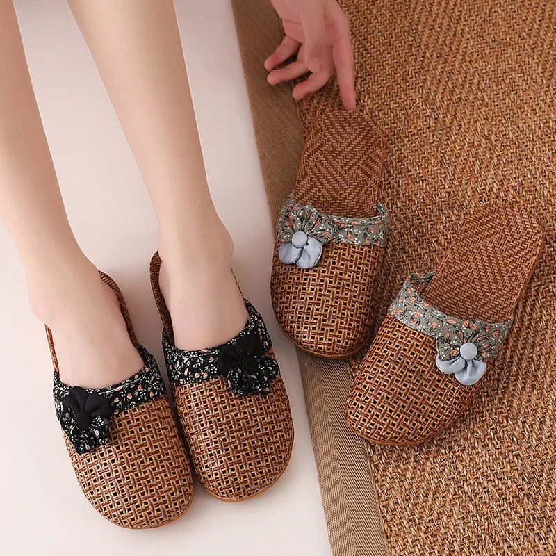 

Summer Bamboo Mat Women's Linen Slippers Home Wooden Floor Couple Home Straw Mat Indoor Cool Slippers Men's Wholesale