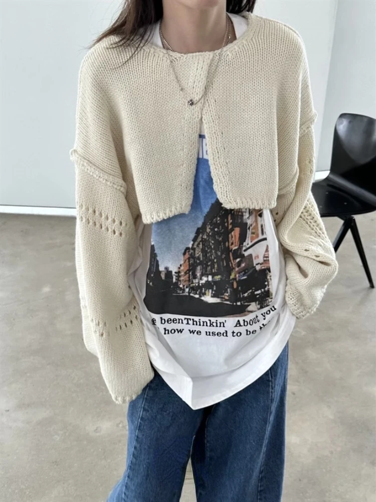 Korean Solid Split Casual Crop Pullover Women Hollow Out Harajuku Jumper Loose Knitted Y2k Aesthetic Grunge Streetwear Sweaters