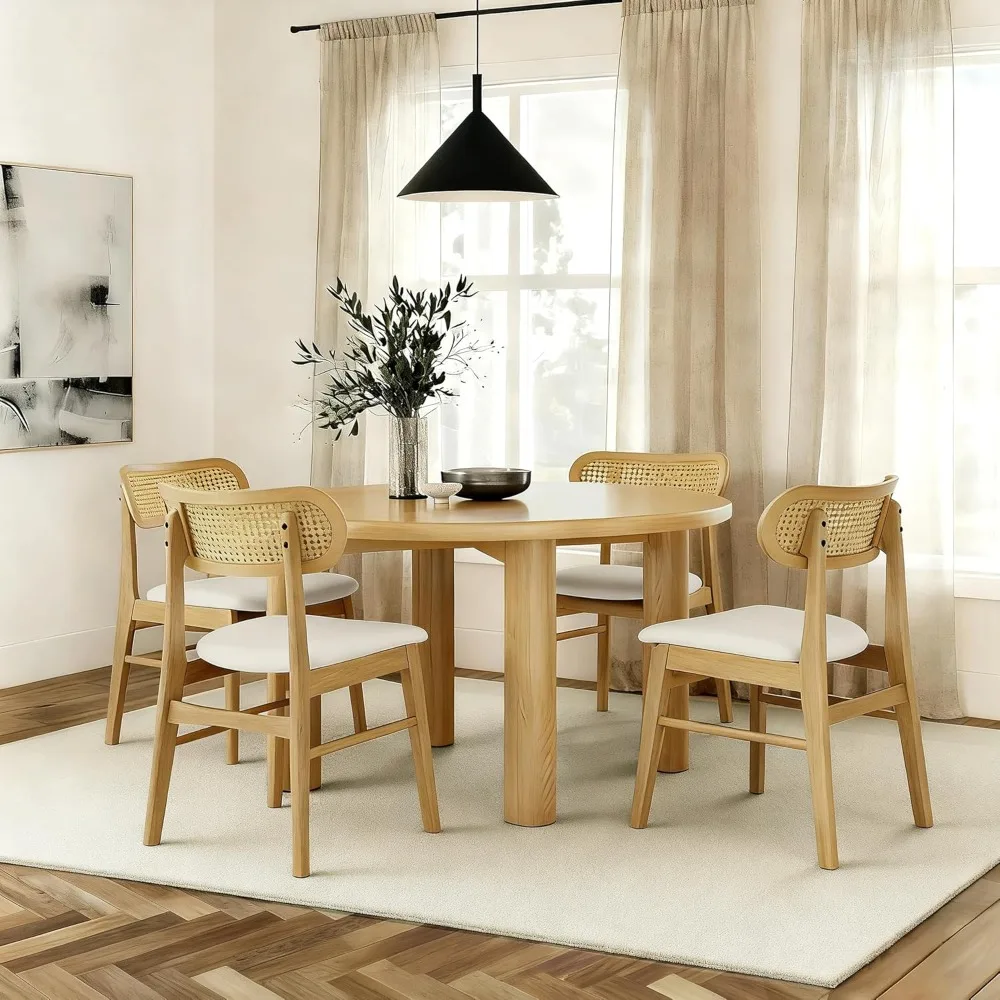 

Set of 4 Modern Upholstered Dining Chairs, Mid-Century Style Oak Wood with Rattan Backrests