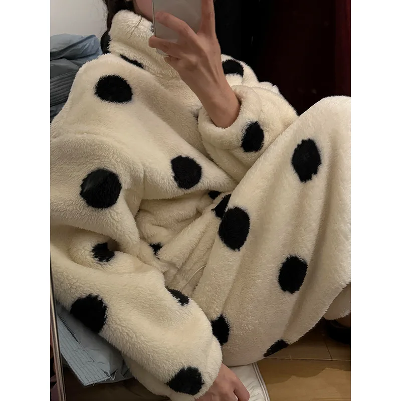 Polka Dot Turtleneck Coral Fleece Pants Set Winter Warm Cardigan +trousers 2-piece Sets Loungewear/pajama Set For Women