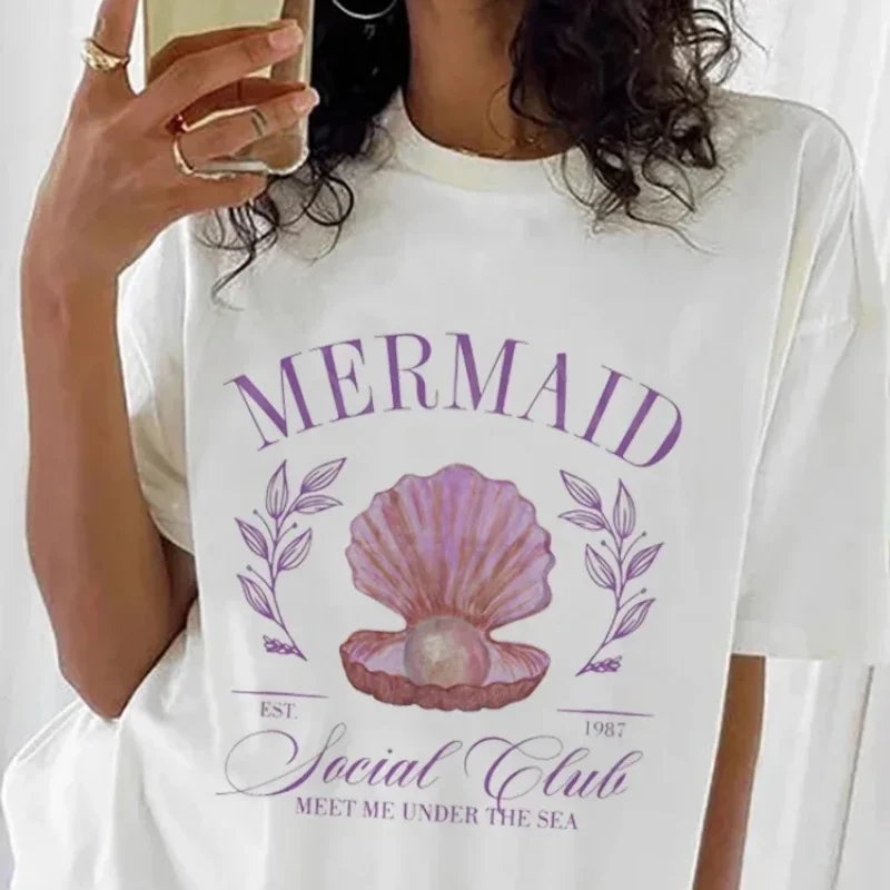 Frauen Strand urlaub Meerjungfrau Social Club Cartoon kurz ärmel ige süße Sommer mode vielseitige Druck niedlichen Kleidung Top T-Shirt.