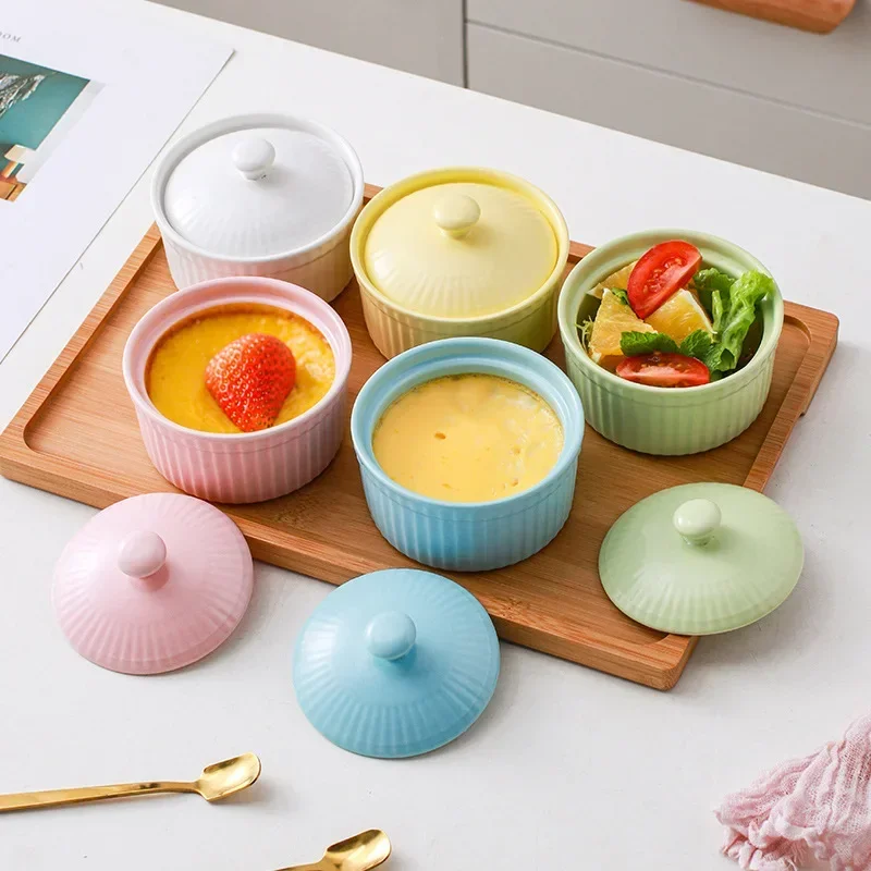 Creative Baking Bowl with Lid Ceramic Children Small Steamed Egg Soup Bowl Stew Cup Household Tableware Pudding Cup Dessert Bowl