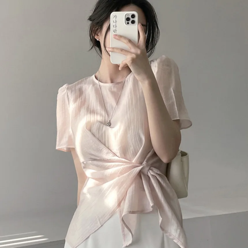 Summer Simple round Neck Micro Transparent Shirt Women's Bubble Sleeve Polyester Fiber 100% Short Sleeve Versatile Style