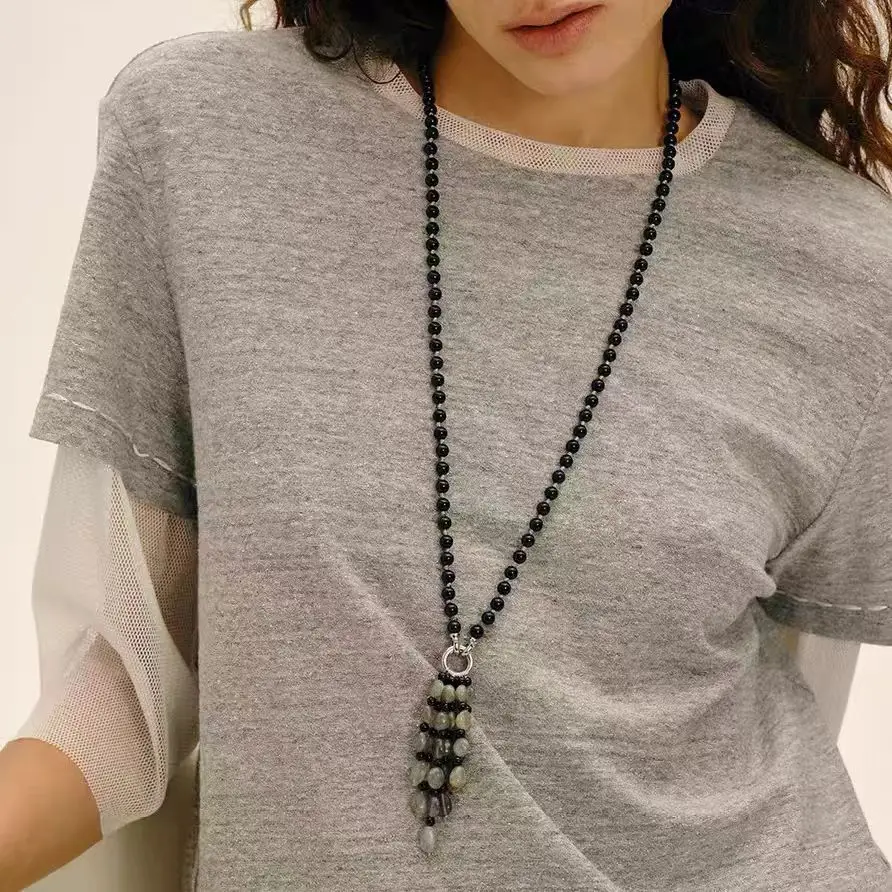 Withered Tassel Pendant Long Style Blue Striped Bead Necklace Women's Sparkling Stone Sweater Chain
