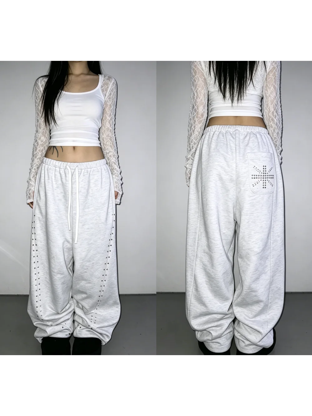 2026 New American Retro Loose Waist Daily Casual Pants Street Trend Daily Sports Versatile Niche Cross Rivet Print Lazy Style