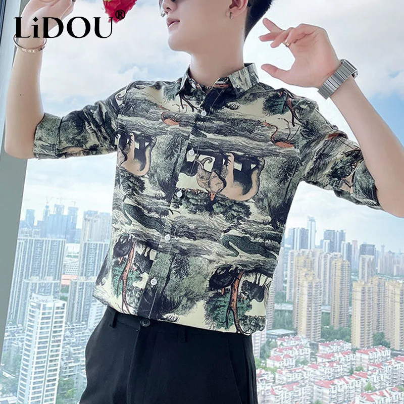 

Korean Style Men's Summer New Turn-down Collar Ice Silk Fabric Geometric Printing Half Sleeve Blouse Man Fashion Elegant Shirt