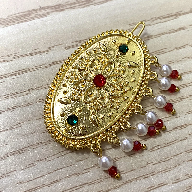 مشبك شعر ذهبي إثيوبي لهدية الزفاف ، ربطة رأس دبي ، لؤلؤة هبانشا ، حجر أحمر وأخضر ، دبوس دبي