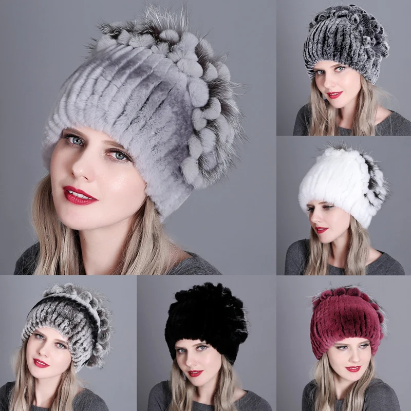 

Elegant Princess Rabbit Fur Caps For Women Fashion Winter Thick Fox Fur Flowers Striped Fur Beanies Hats Kniting Warm Snow Caps