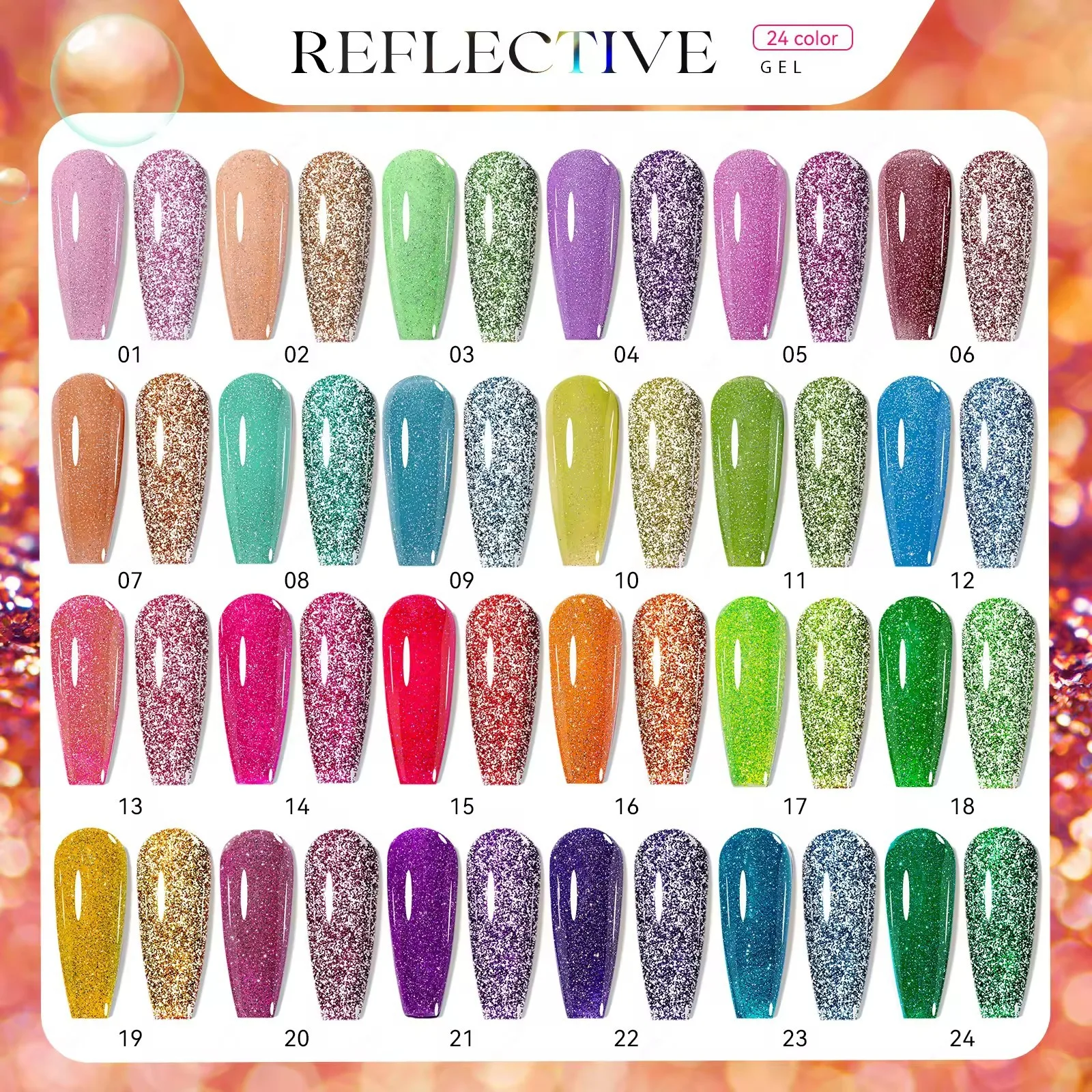 Eleanos Macaron Refelective 24pcs Gel Nail Polish With Color Card For Manicure Soak Off 15ml Shiny Glitter UV LED Gel Varnishes