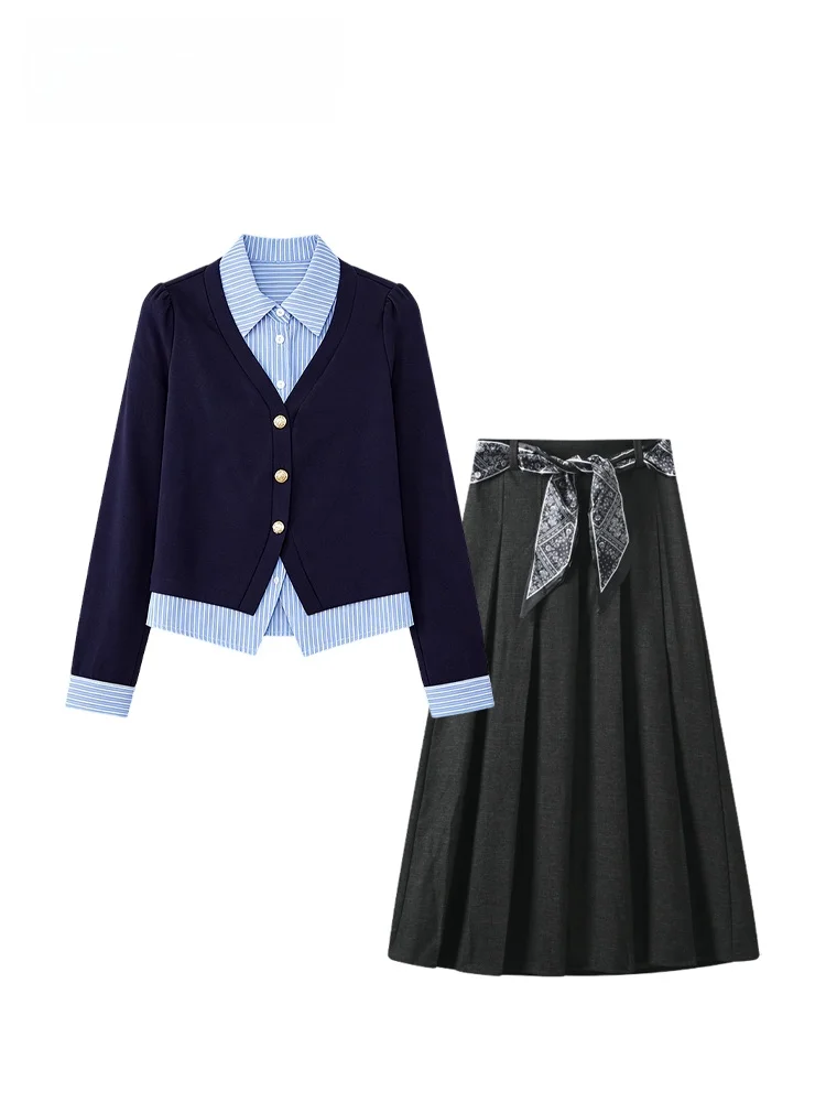 

Комплект Cara CLUB: рубашка с длинным рукавом и плиссированная юбка больших размеров для женщин. Новинка ранней весны для полных женщин, омолаживающий эффект.