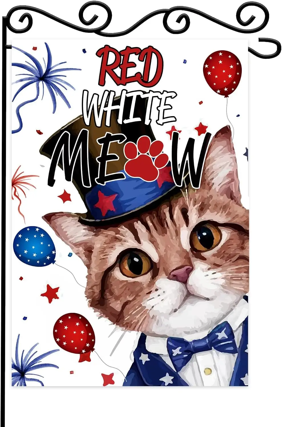 Red White Meow Garden Flag,4th of July Cat Welcome Door Sign,Welcome Patriotic Memorial Day Independence Day.Double Sided 12 yyi
