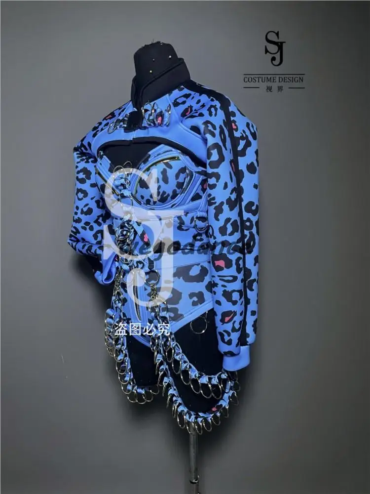 New Sexy Blue Leopard body Woman Singer Performance Costume