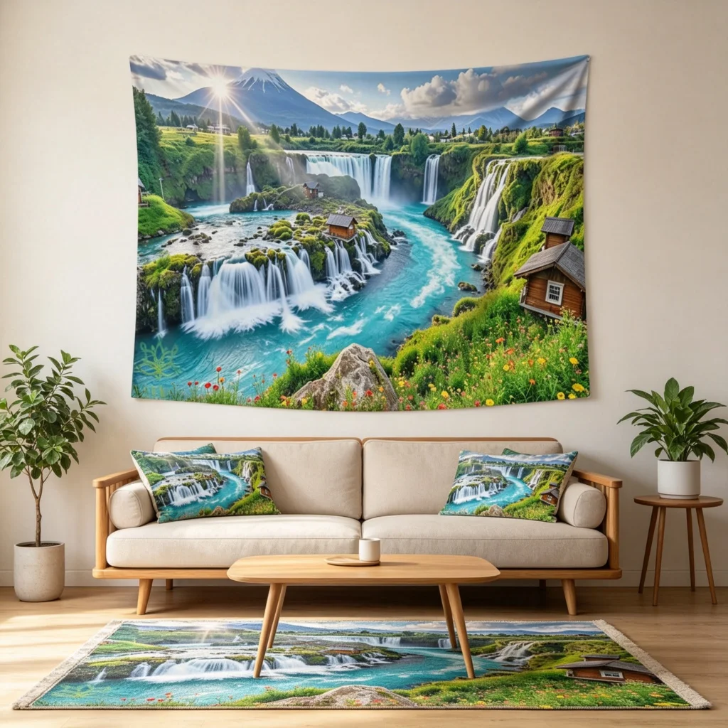 1PC Waterfall Lake View Art Print Backdrop Banner, Bedroom Living Room Photo Background, Polyester, Home Decor, Wall Art