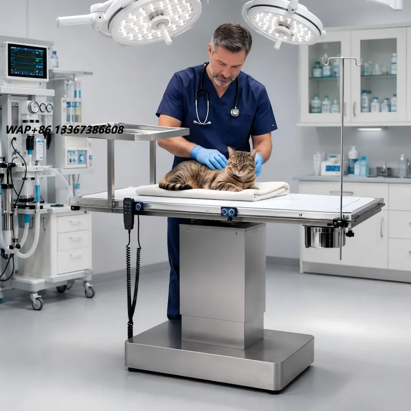 Electric stainless steel veterinary operating table XY ACS06 with heated surface, double tilt function and adjustable working