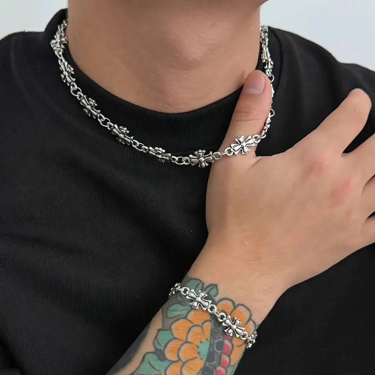 

KunJoe Hip Hop Silver Color Jesus Cross Necklace Bracelet For Men Gothic Adjustable Short Choker Bangle 2025 Trendy Male Jewelry