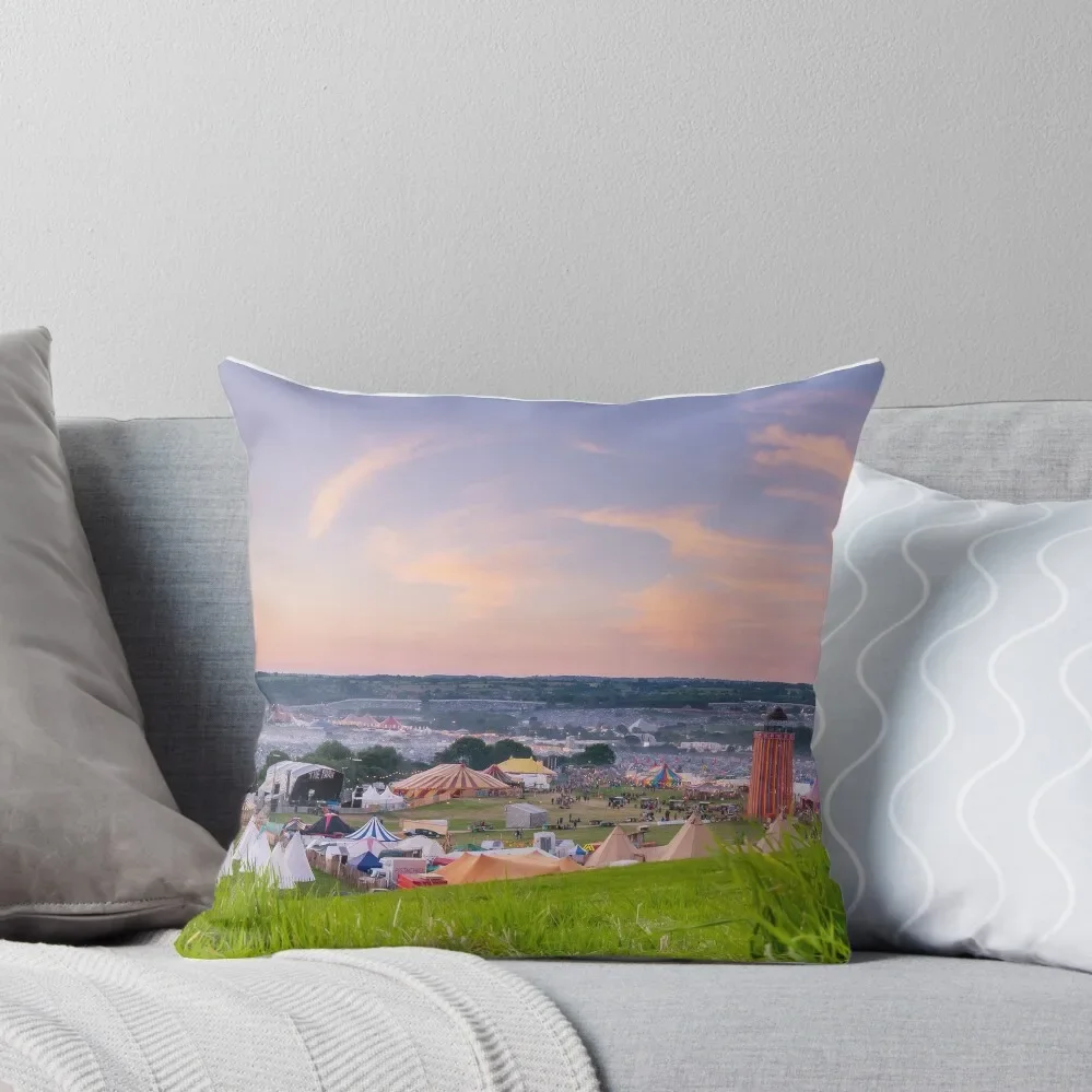 

Glastonbury Festival at Sunset Panorama with Tipis Throw Pillow Cushions For Sofa Sofas Covers luxury decor Pillow