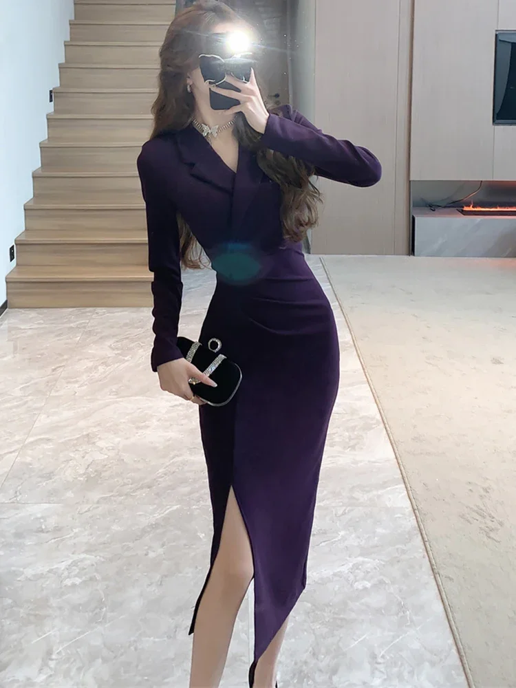 Purpled Elegant Pleated Bodycon Suit Dress for Women 2024 Korean Fashion Formal Dress Autumn Winter Chic Bespoke Occasion Dress