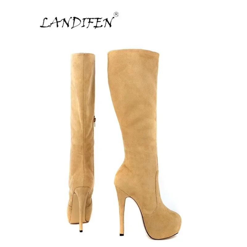 New Women Boots Winter Zipper Long Over Knee-High Boot Flock Round Toe Platform Mid Calf Knee Big Size 43 Shoes botas de mujer