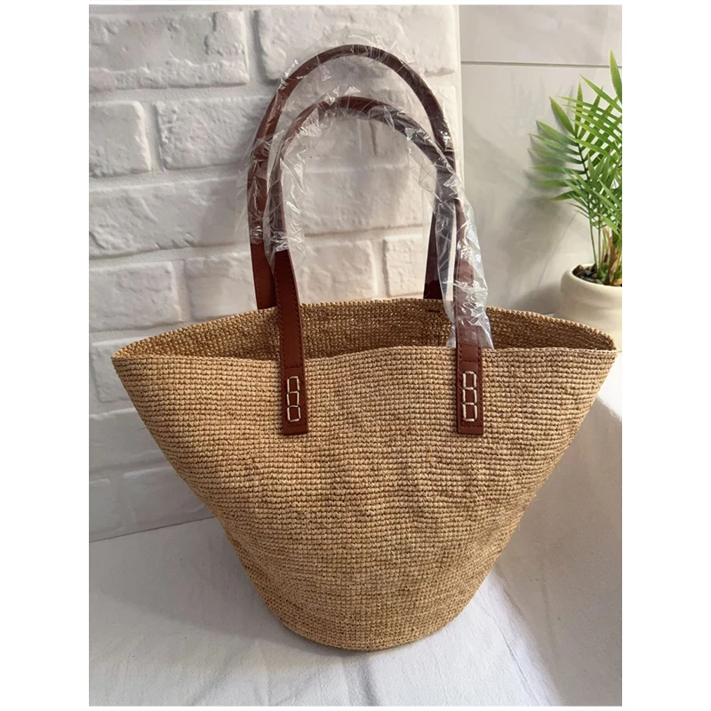 Raffia-Stroh-Häkel-Schultertasche mit Rindslederriemen, Damen-Tragetasche, Sommer-Strand-Urlaubstasche mit großer Kapazität, einfarbige Handtasche – Detail 7