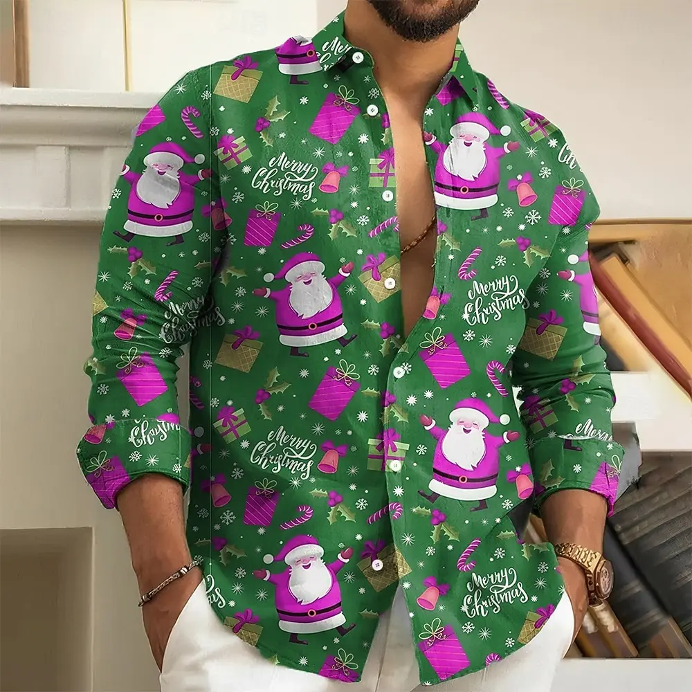 Christmas Men's Santa Claus Funny Christmas Gift Shirt Button Up Shirt Long Sleeve Funny Outdoor Holiday Spring Fall Turndown