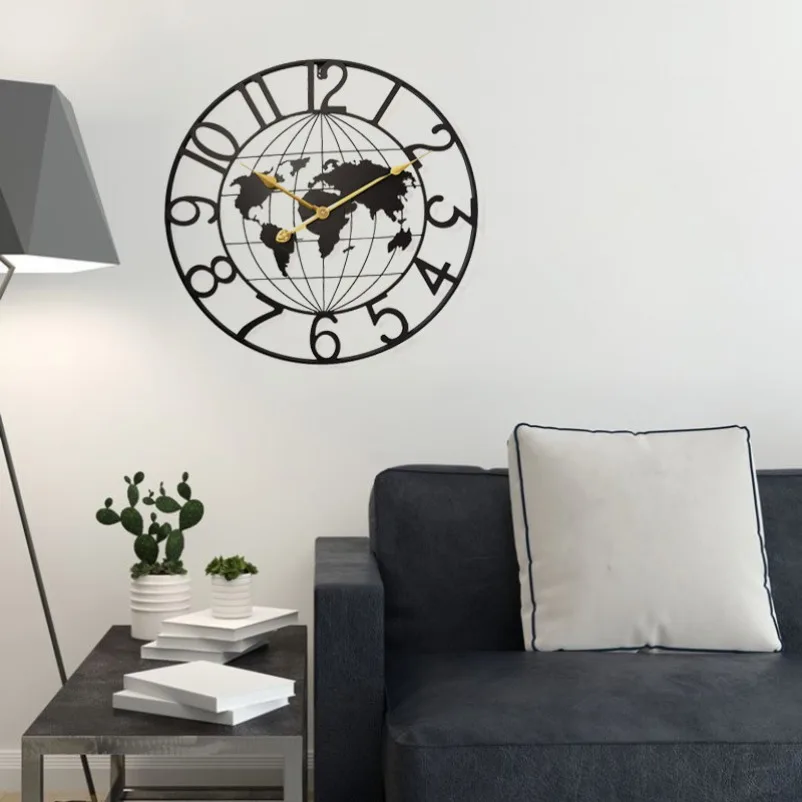 Wrought iron round clock creative map fashion silent wall watch simple silent wall clock