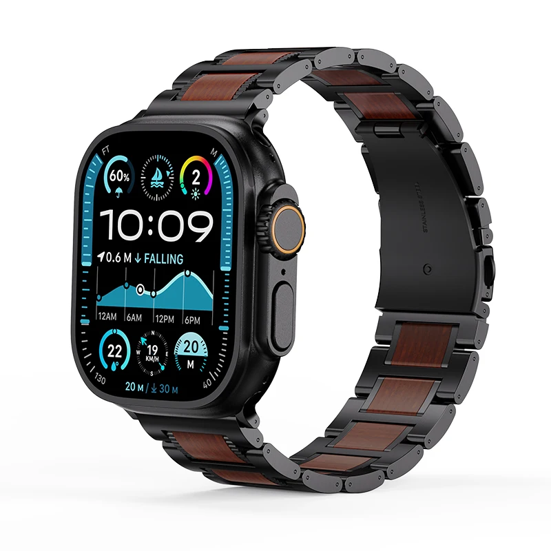 

KUXIU For Apple Watch Strap,Natural Wooden Steel Chain Bracelet Suitable for iWatch Ultra 2/Ultra/1-10 49mm 46mm 45mm 44mm 42mm