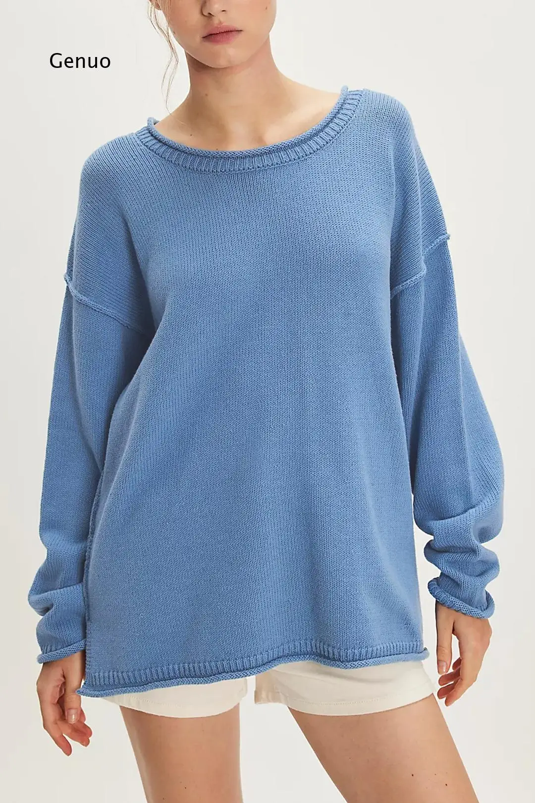 2026 Women Crew Neck Pullover Sweater Loose Fit Knit Top Ribbed Trim Casual Autumn Winter Daily Wear