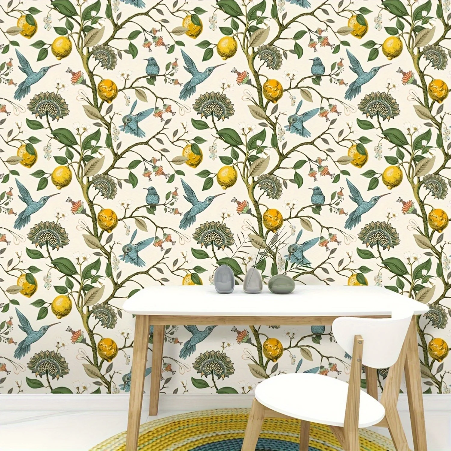 Vibrant Hummingbird & Lemon Tree Vinyl Wallpaper，Easy Peel & Stick for Living Room,Bedroom,Furniture Makeover 17.7