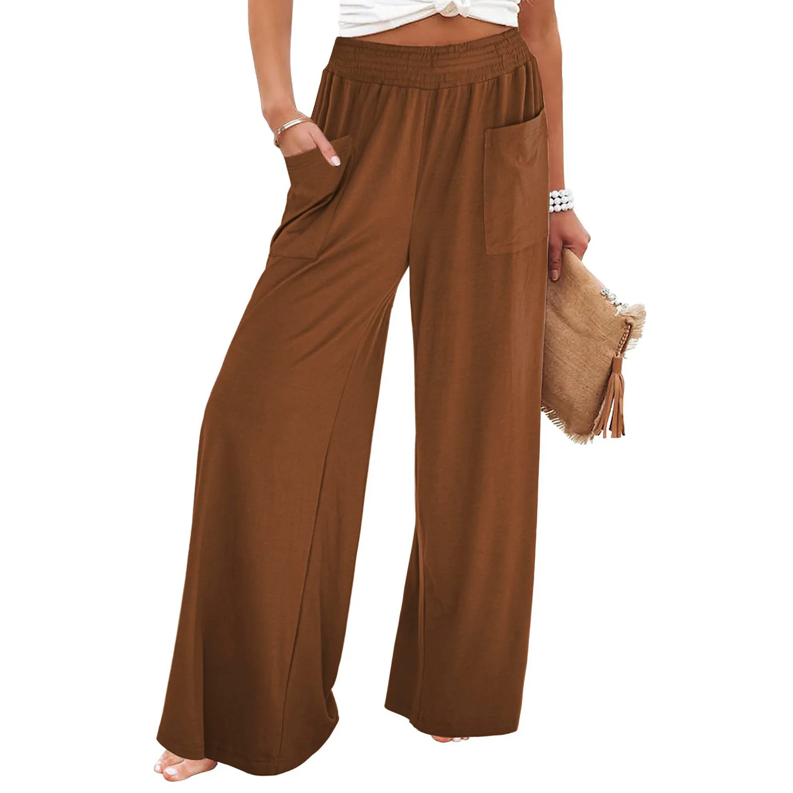 

Women's High Waist Wide Leg Pants Elastic Waist Side Pockets Loose Fit Casual Summer Trousers Multi Colors ﻿