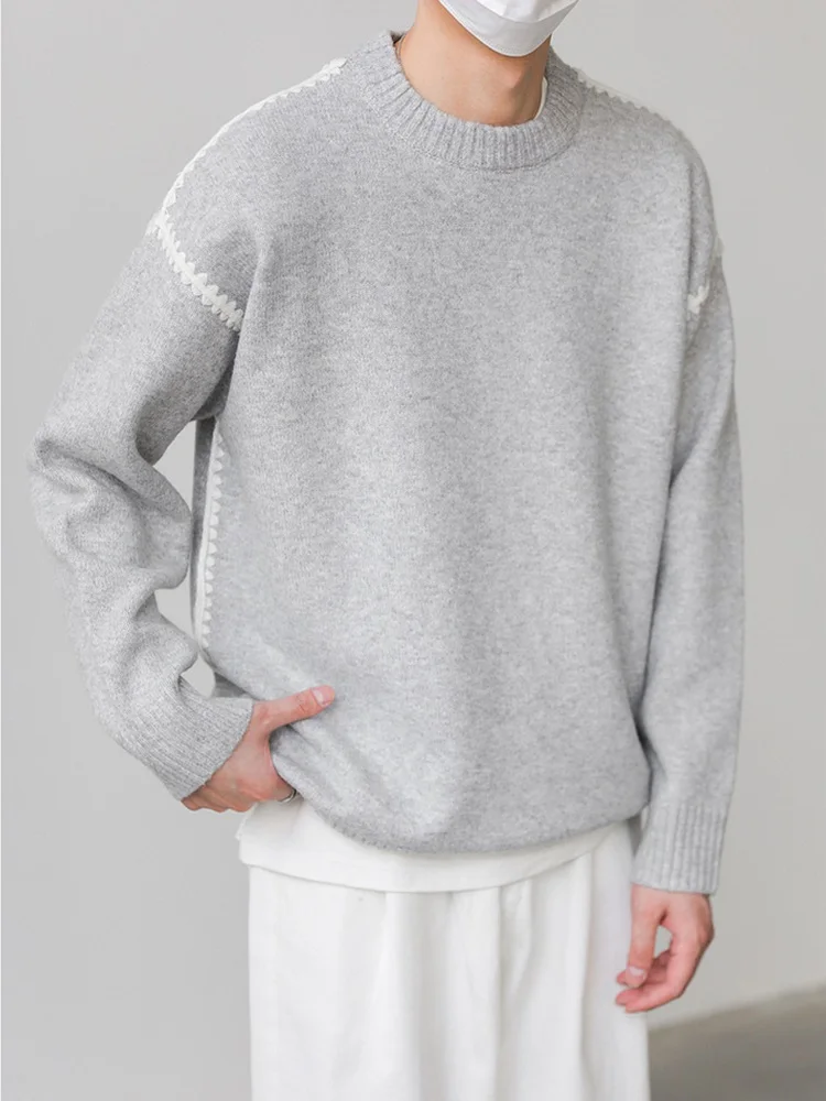 

Retro Knitted Lace Trim Men's Sweater round Ne Overhead Color Blo Design Polyester Fiber Long Sve Youth Casual Faion