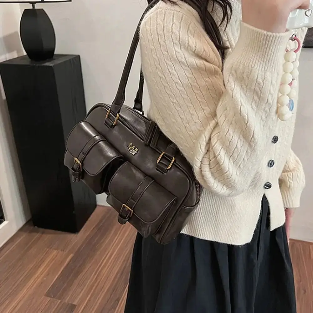 

Сумка для боулинга из искусственной кожи в корейском стиле в стиле ретро, сумка из лакированной кожи, карманная сумка-тоут Boston, однотонная женская сумка для подмышек во французском стиле