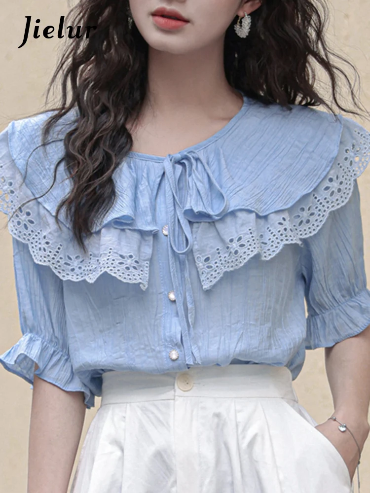 

Jielur Summer Solid Color Lace-up Ruffled Women Shirt White Princess Sleeve Fashion Female Shirt French Style Chic Women Shirts