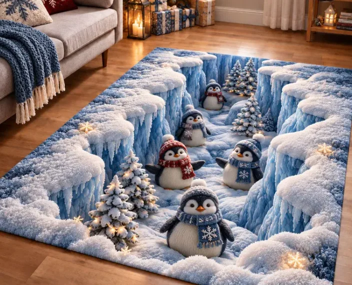 2D Winter Penguins Area Rug, Snowy Ice Canyon Runner Rug, Christmas Holiday Kitchen Mat  Festive Xmas Home Decor