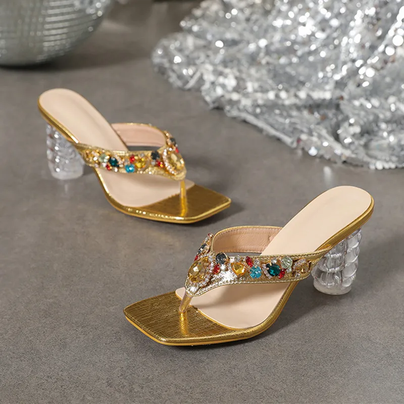Diamond sandals 2024 summer women's new fashion thick heel glass shoes sexy temperament transparent sandals