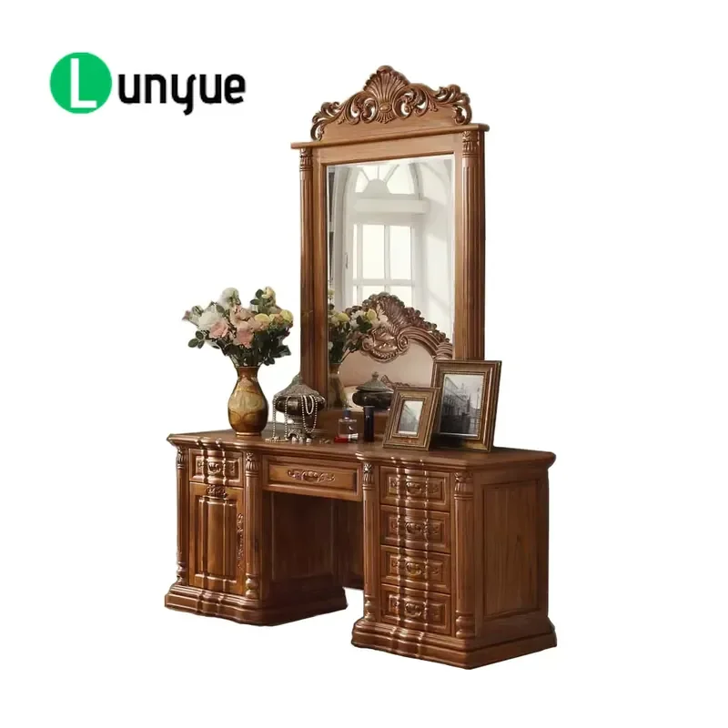 European Handmade Solid Teak Dresser with Removable Mirror and Stool Durable Sustainable Bedroom Furniture Vanity Table