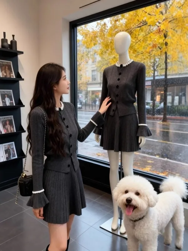 

Корейский студенческий стиль: женский облегающий вязаный комплект из двух предметов (юбка и кофта) с длинным рукавом и круглым вырезом, утепленный, осень-зима