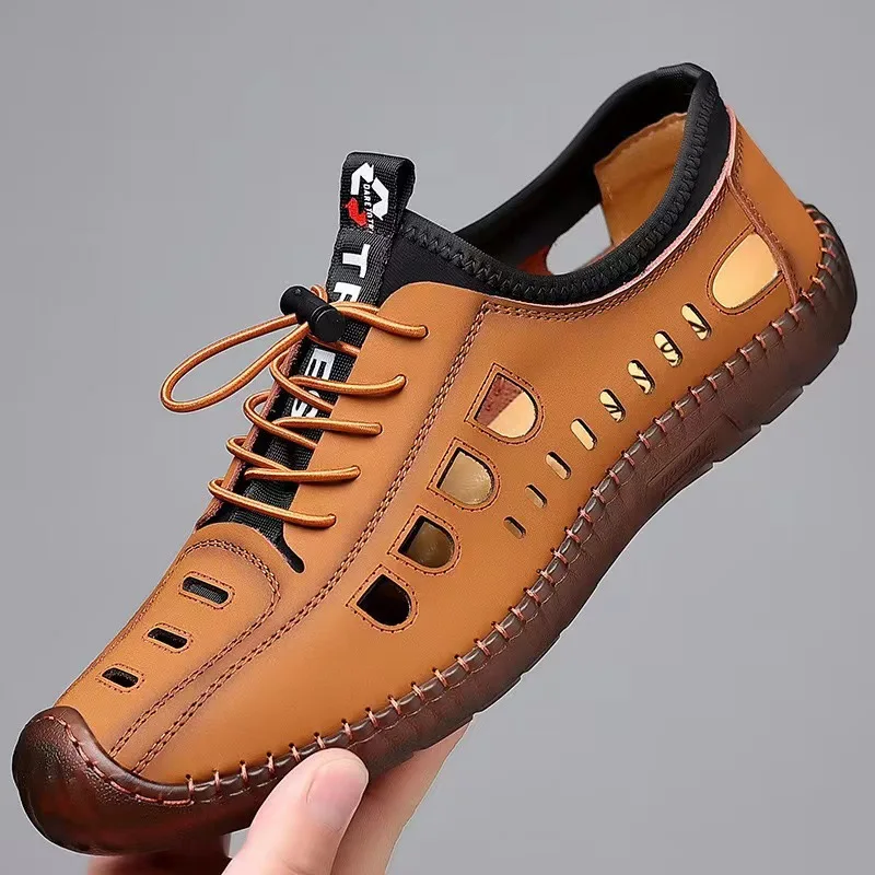 Herren-Sandalen aus weichem Leder, 2024, Sommer-Männer-Ledersandalen, atmungsaktiv, rutschfest, Kuh-Sehensohle, lässige Lederschuhe, Outdoor-Strandschuhe