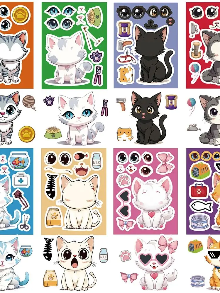 8/16 Arkuszy Śliczne Koty Zrób Minę Naklejki Puzzle Dzieci Zrób Własną Gra DIY Dziecięce Kreskówkowe Układanki Edukacyjne Zabawki Prezent — 2