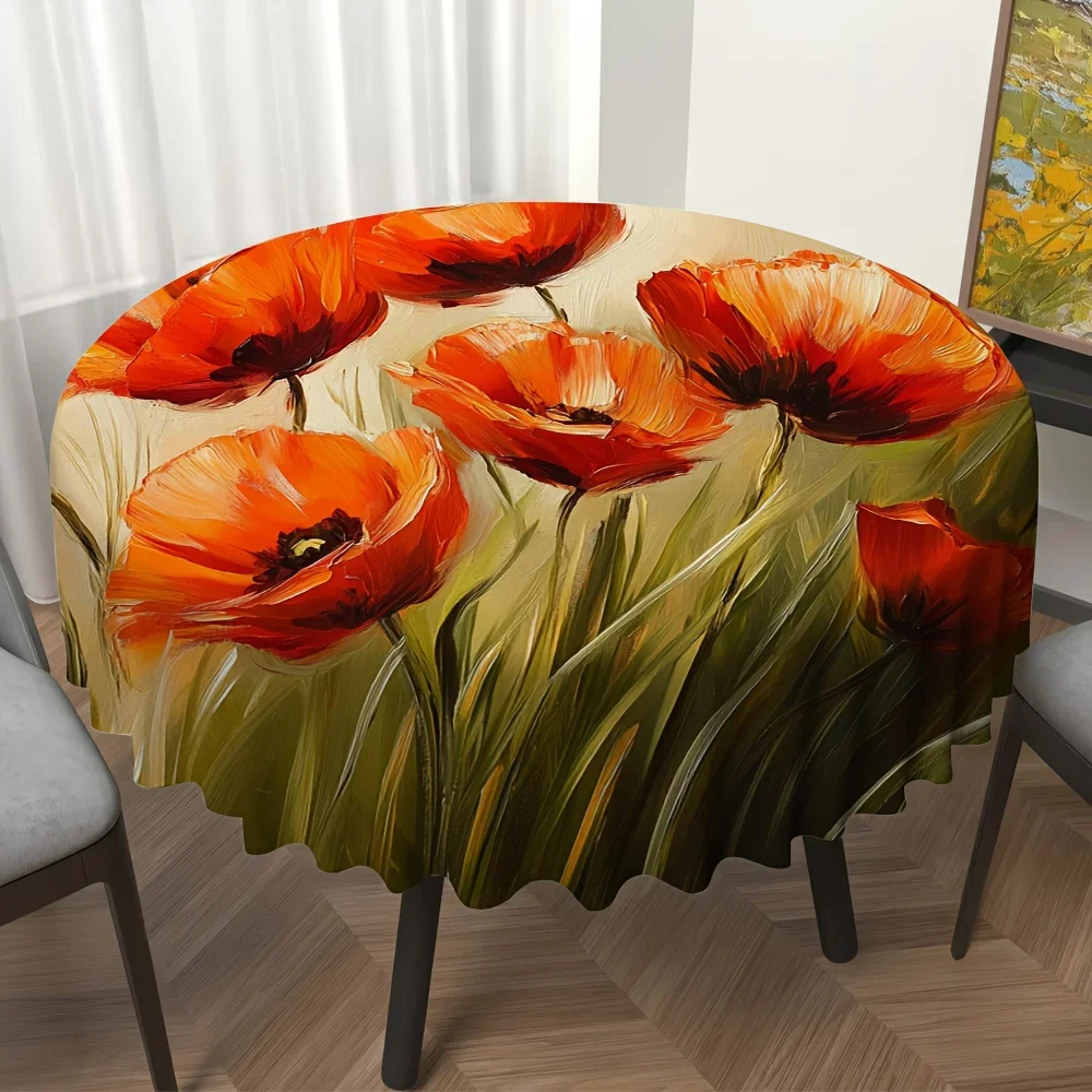 One bright red poppy flower round tablecloth - with rounded edges, featuring a design of pink and red poppiesxzj