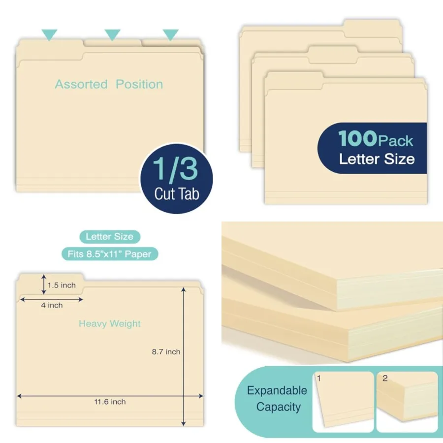 مجلدات ملفات مانيلا بحجم الحروف مقاس 8.5 × 11 بوصة مع علامة تبويب مقطوعة 1/3 للمكتب المنزلي وتنظيم المدرسة سلبيات ورقية ثقيلة الوزن