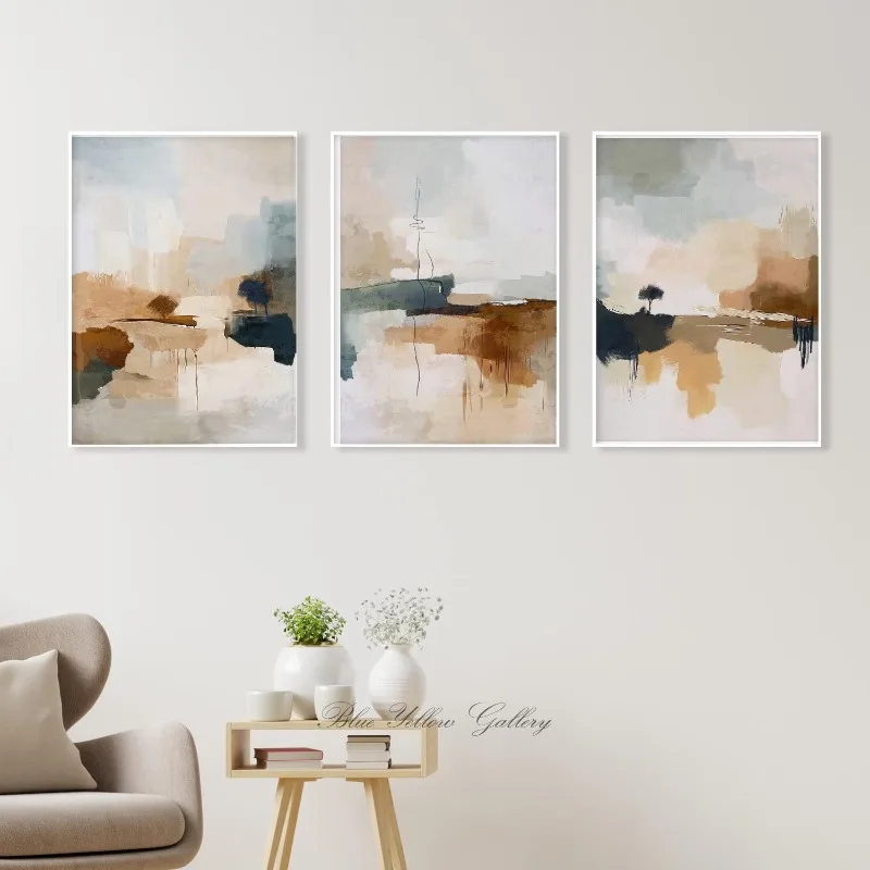 3pcs Abstract Landscape Wall Art,Neutral Beige Prints,Modern Boho Wall Decor,Scandinavian Minimalist Art,Earthy Tones Triptych