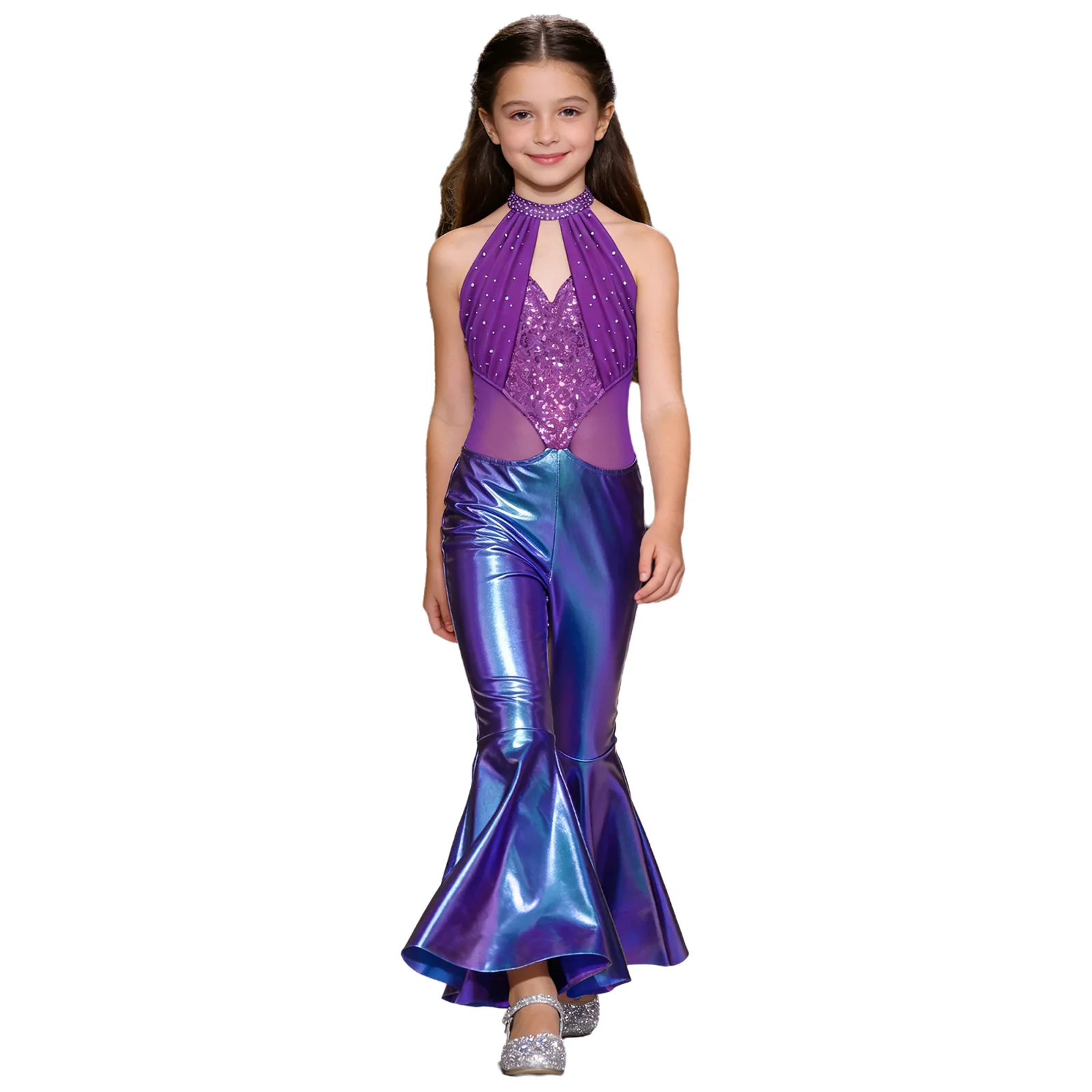 Girls Metallic Flared Pants Jumpsuit Halter Party Rompers Sleeveless Sequins 60s 70s Disco Jazz Dance Flares Birthday Costume image 6