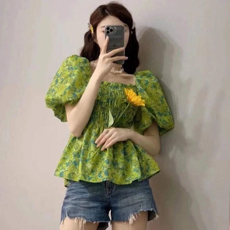 الأزهار مطوي الشباب كل مباراة مزاجه بلوزة الصيف جديد قصير الأكمام طباعة قميص أنيق بلايز موضة خمر ملابس حريمي #3