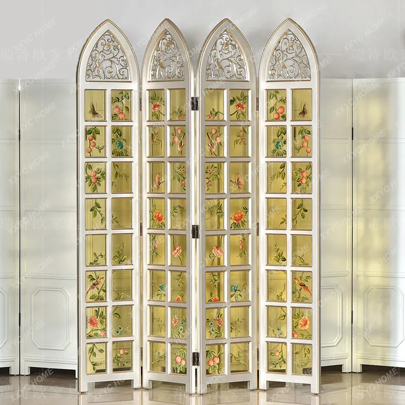 Golden flower and bird folding screen court style translucent glass living room partition screen retro style furniture